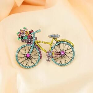 Blue Crystal Bicycle Brooch Handmade Rhinestone Retro Pin, Elegant Fashion Gif